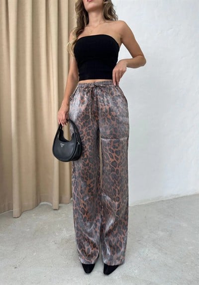 SATEN DESENLİ BEL BAĞCIKLI PALAZZO PANTOLON LEOPAR