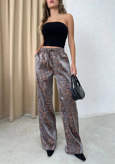 SATEN DESENLİ BEL BAĞCIKLI PALAZZO PANTOLON LEOPAR