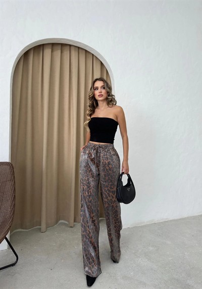 SATEN DESENLİ BEL BAĞCIKLI PALAZZO PANTOLON LEOPAR