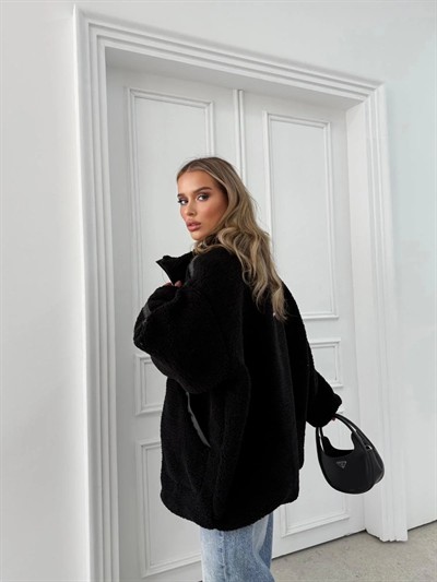 ŞERİT DETAY İÇ ASTARLI OVERSİZE TEDDY MONT SİYAH