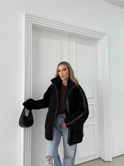 ŞERİT DETAY İÇ ASTARLI OVERSİZE TEDDY MONT SİYAH