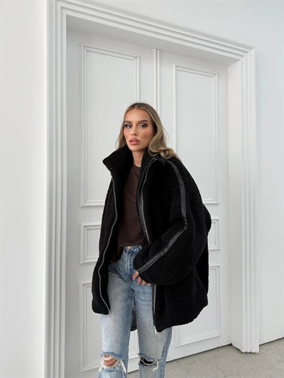 ŞERİT DETAY İÇ ASTARLI OVERSİZE TEDDY MONT SİYAH