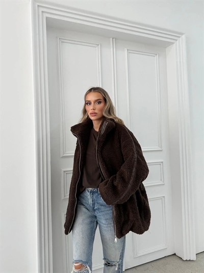 ŞERİT DETAY İÇ ASTARLI OVERSİZE TEDDY MONT KAHVE