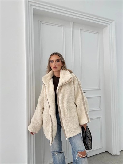 ŞERİT DETAY İÇ ASTARLI OVERSİZE TEDDY MONT KREM