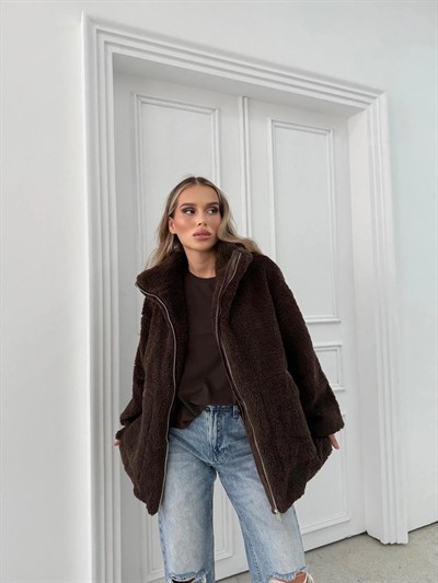 ŞERİT DETAY İÇ ASTARLI OVERSİZE TEDDY MONT KAHVE