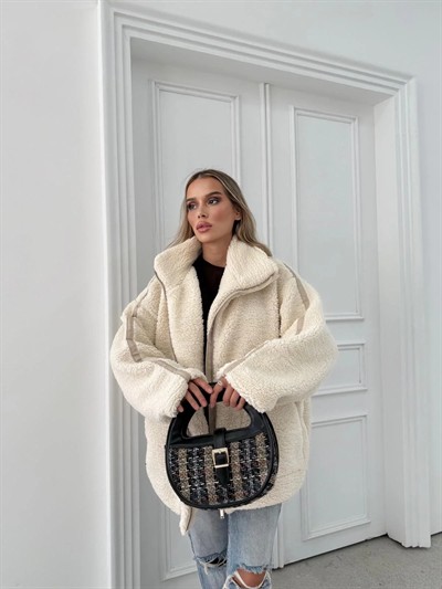 ŞERİT DETAY İÇ ASTARLI OVERSİZE TEDDY MONT KREM