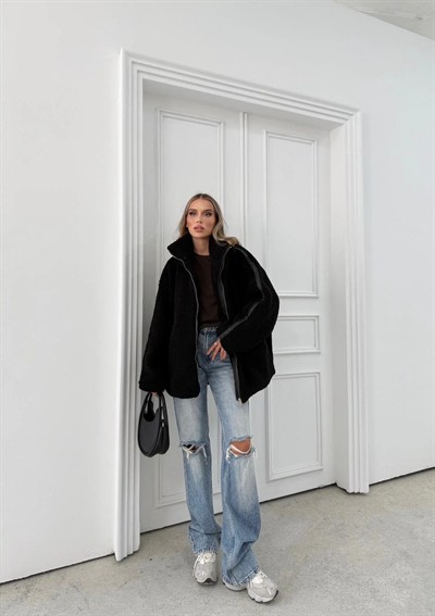 ŞERİT DETAY İÇ ASTARLI OVERSİZE TEDDY MONT SİYAH