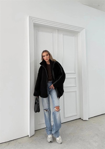 ŞERİT DETAY İÇ ASTARLI OVERSİZE TEDDY MONT SİYAH