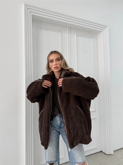 ŞERİT DETAY İÇ ASTARLI OVERSİZE TEDDY MONT KAHVE