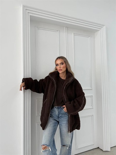 ŞERİT DETAY İÇ ASTARLI OVERSİZE TEDDY MONT KAHVE