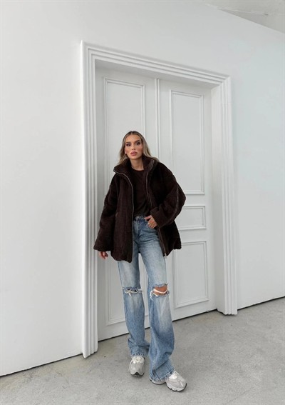 ŞERİT DETAY İÇ ASTARLI OVERSİZE TEDDY MONT KAHVE