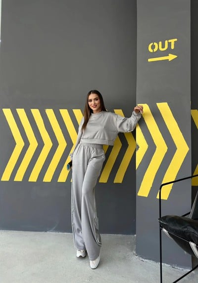 ŞERİT DETAY SWEAT VE PANTOLONLU MODAL KUMAŞ İKİLİ TAKIM GRİ