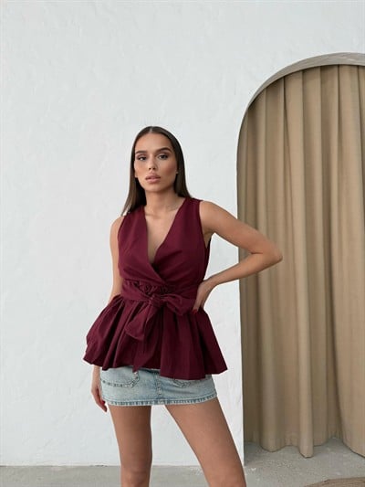 SIFIR KOL BEL KUŞAK BAGLAMA DETAY GÖMLEK BORDO