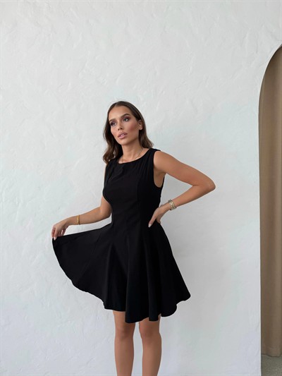 SIFIR KOL KLOŞ ETEK LİKRALI ELBİSE SİYAH