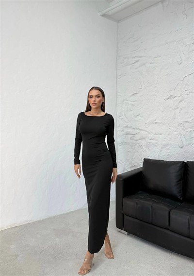 SIRT DEKOLTE DETAY SANDY UZUN ELBİSE SİYAH