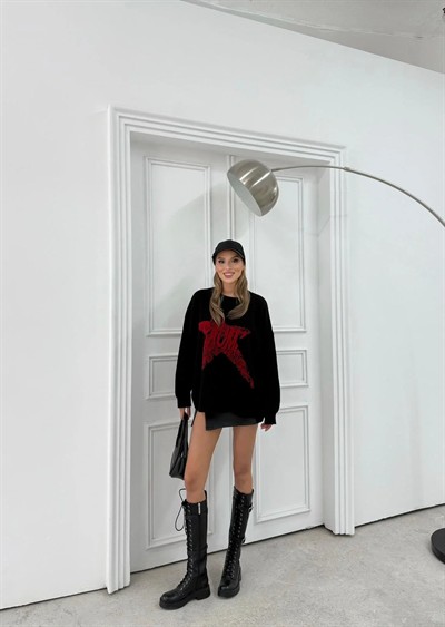 SIRT YAZI DETAY OVERSİZE KAZAK SİYAH Y