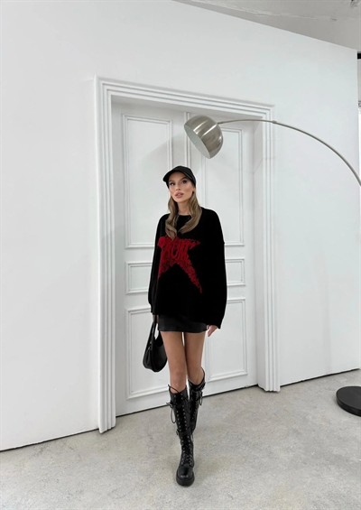 SIRT YAZI DETAY OVERSİZE KAZAK SİYAH Y