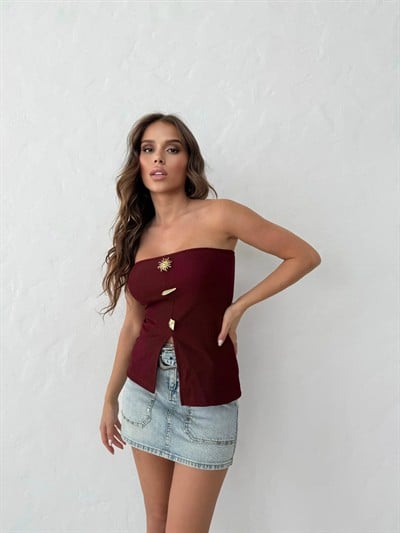 STRAPLEZ AKSESUAR DETAY YIRTMAÇLI OTTOMAN BLUZ BORDO