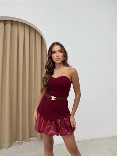 STRAPLEZ BALON ETEK DETAY KEMER ELBİSE  BORDO