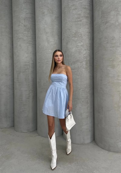 STRAPLEZ KETEN ASTARLI ŞORTLU ELBİSE MAVİ