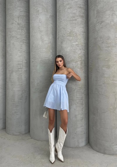 STRAPLEZ KETEN ASTARLI ŞORTLU ELBİSE MAVİ