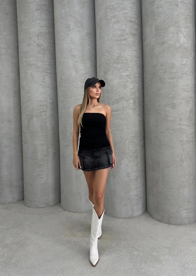 STRAPLEZ YAN YIRTMAÇLI CROP SİYAH