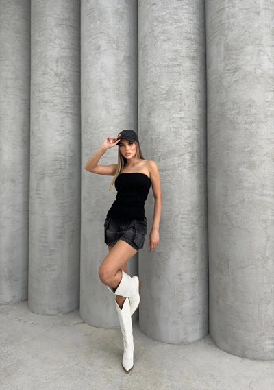 STRAPLEZ YAN YIRTMAÇLI CROP SİYAH