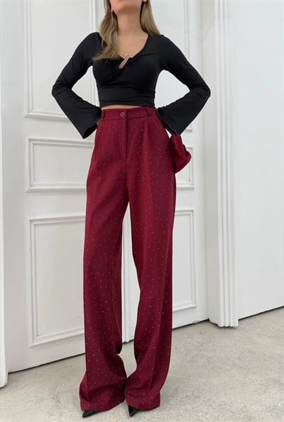 TAŞLI YÜKSEK BEL PALAZZO PANTOLON BORDO