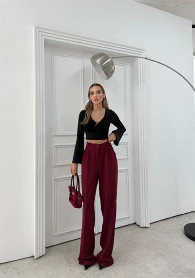 TAŞLI YÜKSEK BEL PALAZZO PANTOLON BORDO