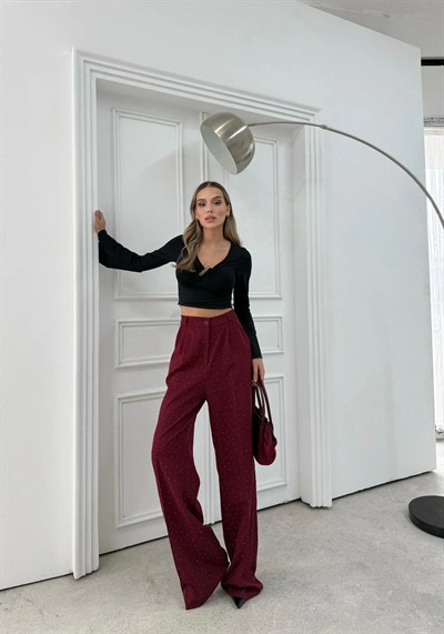 TAŞLI YÜKSEK BEL PALAZZO PANTOLON BORDO