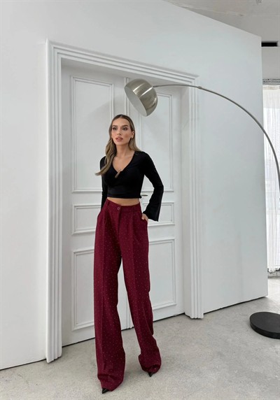 TAŞLI YÜKSEK BEL PALAZZO PANTOLON BORDO