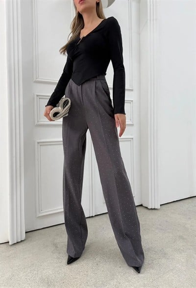 TAŞLI YÜKSEK BEL PALAZZO PANTOLON GRİ