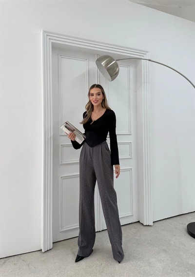 TAŞLI YÜKSEK BEL PALAZZO PANTOLON GRİ