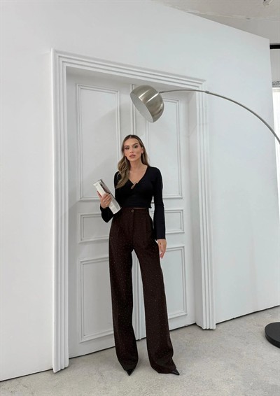 TAŞLI YÜKSEK BEL PALAZZO PANTOLON KAHVE