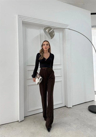 TAŞLI YÜKSEK BEL PALAZZO PANTOLON KAHVE