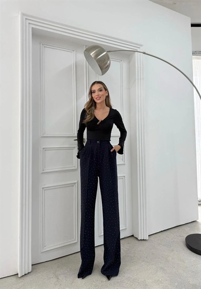 TAŞLI YÜKSEK BEL PALAZZO PANTOLON LACİVERT