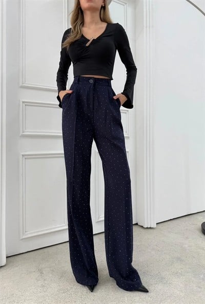 TAŞLI YÜKSEK BEL PALAZZO PANTOLON LACİVERT
