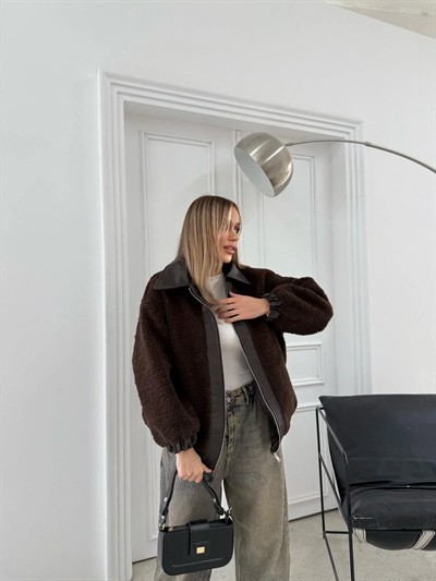 TEDDY KUMAŞ DERİ DETAY İÇ ASTARLI MONT KAHVE