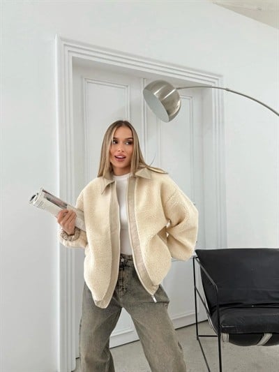 TEDDY KUMAŞ DERİ DETAY İÇ ASTARLI MONT KREM