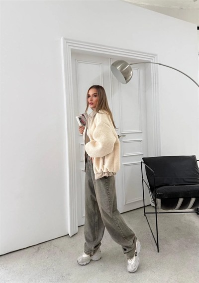 TEDDY KUMAŞ DERİ DETAY İÇ ASTARLI MONT KREM