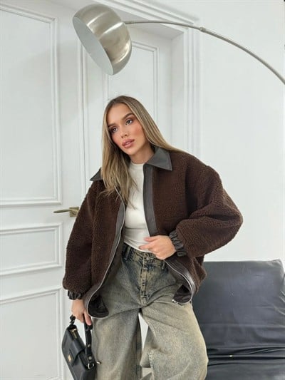 TEDDY KUMAŞ DERİ DETAY İÇ ASTARLI MONT KAHVE