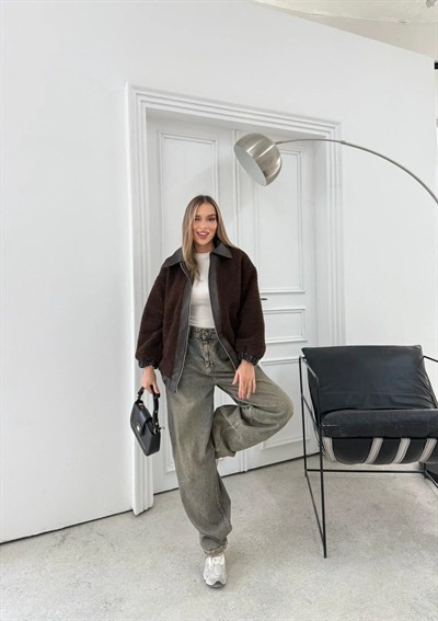 TEDDY KUMAŞ DERİ DETAY İÇ ASTARLI MONT KAHVE