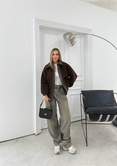 TEDDY KUMAŞ DERİ DETAY İÇ ASTARLI MONT KAHVE