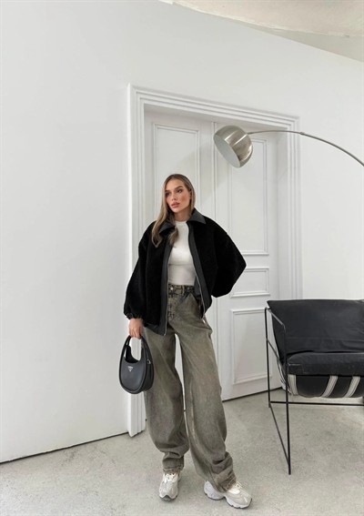 TEDDY KUMAŞ DERİ DETAY İÇ ASTARLI MONT SİYAH