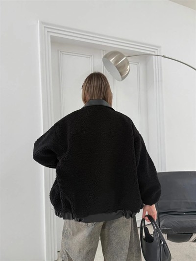 TEDDY KUMAŞ DERİ DETAY İÇ ASTARLI MONT SİYAH