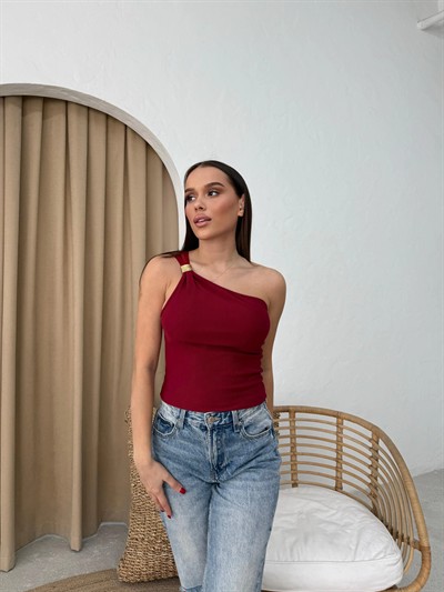 TEK OMUZ AKSESUAR DETAY CROP BLUZ BORDO