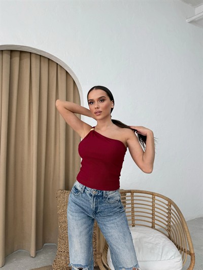 TEK OMUZ AKSESUAR DETAY CROP BLUZ BORDO