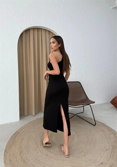 TEK OMUZ BLUZ VE ETEKLİ GOFRE İKİLİ TAKIM SİYAH