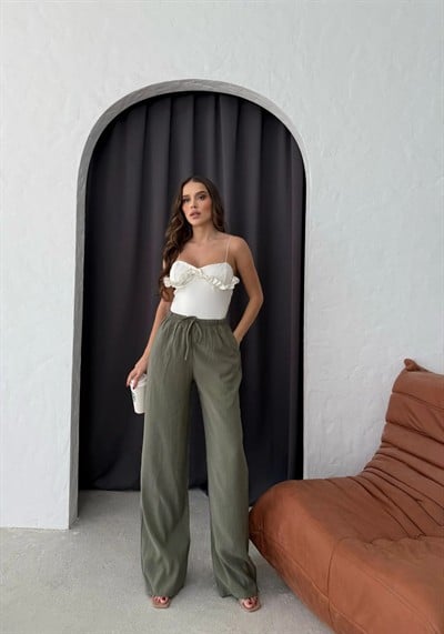 TENSEL KUMAŞ BEL BAĞLAMALI İSPANYOL PAÇA PANTOLON HAKİ