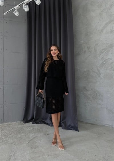 TRİKO AJURLU ELBİSELİ İKİLİ TAKIM SİYAH